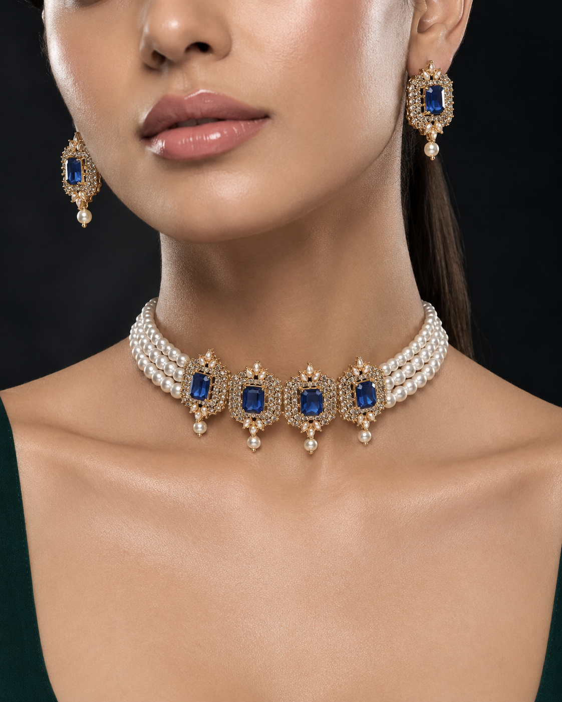 Regal Sapphire & Pearl Triple-Medallion Choker Set