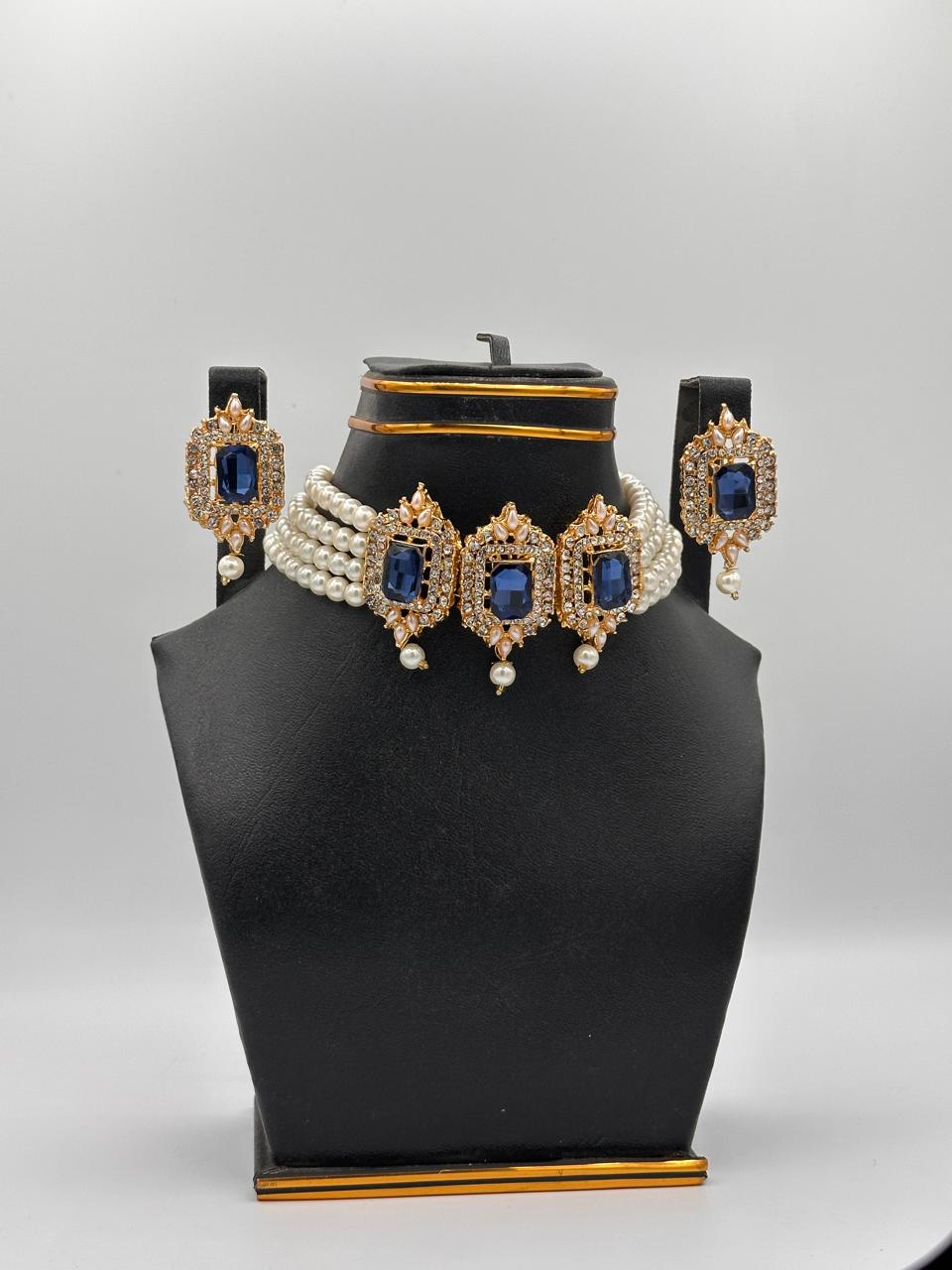 Regal Sapphire & Pearl Triple-Medallion Choker Set