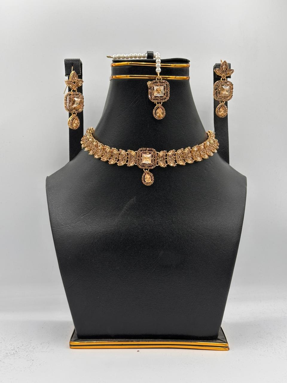 Noir & Gold Medallion Choker Set with Teardrop Crystals