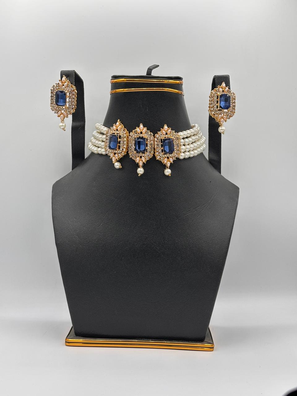 Regal Sapphire & Pearl Triple-Medallion Choker Set